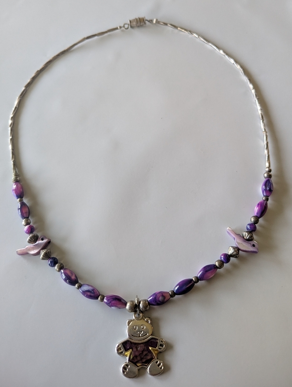 Y2K Beaded Purple Necklace with Teddy Bear Pendant